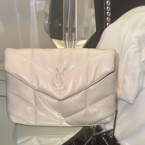 Yves Saint Laurent White Quilted Lambskin Monogram Loulou Puffer Pouch Clutch